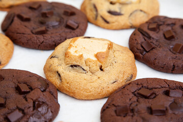 Double chocolate cookie and marshmallow soft cookie on white background