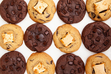 Double chocolate cookie and marshmallow soft cookie on white background