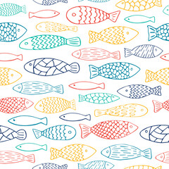 Hand drawn doodle fishes seamless pattern. Sea animal background. Aquarium illustration.