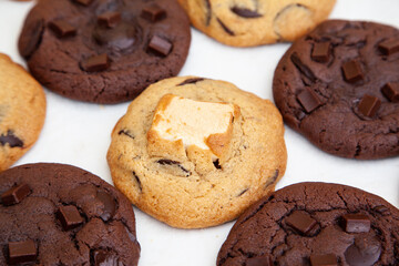 Double chocolate cookie and marshmallow soft cookie on white background