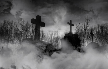 Halloween day concept. Cemetery or graveyard in the night with dark sky. Haunted cemetery. Spooky...