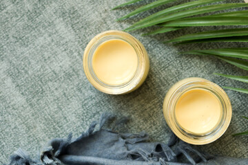  overhead view of Caramel pudding in a glass jar on table 