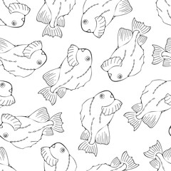 Seamless Pattern with Black Fish on White Background. Repeat Pattern Design for Print, Wallpaper, Wrapping Paper, Cover, Textile.