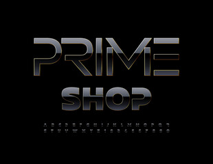 Vector stylish emblem Prime Shop.  Modern Black Font. Unique Artistic Alphabet Letters and Numbers set. 