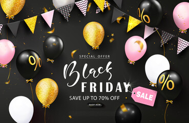 Black Friday sale background with balloons,flags and golden confetti. Modern 3D design.Universal vector background for posters, banners, leaflets, postcards.