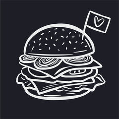 Vector illustration of a hand-drawn hamburger in the style of a doodle. Fast food.