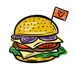 Vector illustration of a hand-drawn hamburger in the style of a doodle. Fast food.