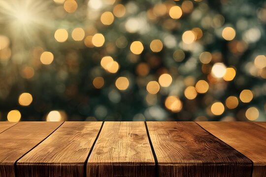 A Wooden Table With A Blurry Christmas Tree In The Background, A Wooden Table With Bokeh Lights In The Background.