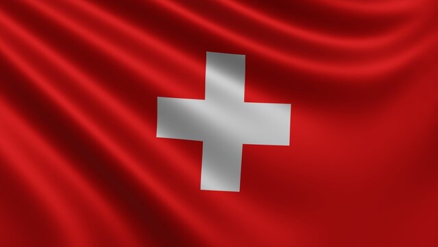 Render of the Switzerland flag flutters in the wind close-up, the national flag of Switzerland in 4k resolution, close-up, colors: RGB. High quality 3d illustration