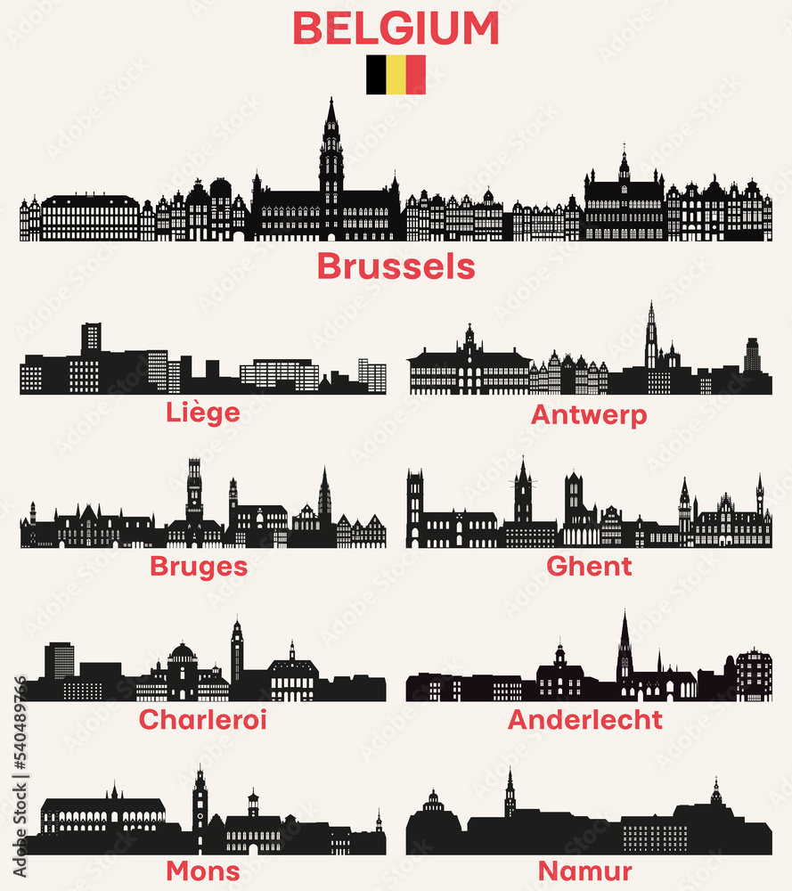 Wall mural Belgium cities skylines silhouettes vector set