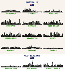 Australian and New Zealand cities skylines silhouettes vector set