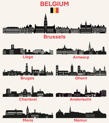 Belgium cities skylines silhouettes vector set - 540489766