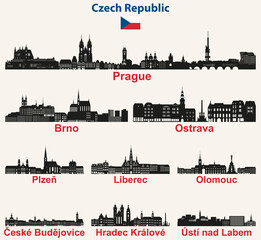 Czech Republic cities skylines silhouettes vector set