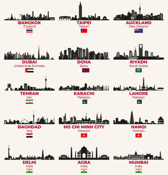 Asian and Middle East cities skylines silhouettes vector set