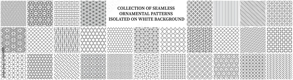 Poster collection of seamless ornamental geometric patterns isolated on white background. vector repeatable