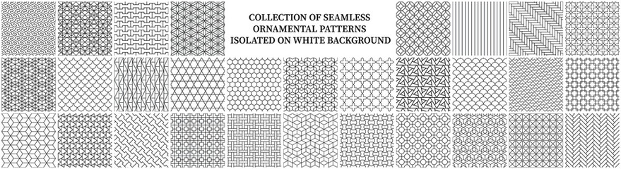 Collection of seamless ornamental geometric patterns isolated on white background. Vector repeatable black and white grid textures - symmetric prints