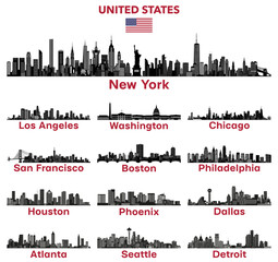 United States cities skylines silhouettes vector illustrations