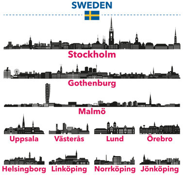 Sweden cities skylines silhouettes vector set