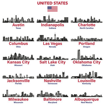 United States cities skylines silhouettes vector illustrations set