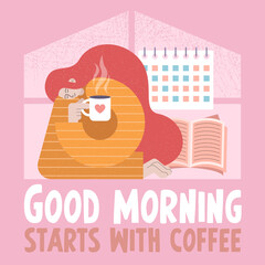 Vector illustration. Square postcard. The girl is drinking coffee. Home, morning comfort. Good morning start with coffee.