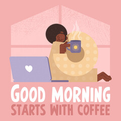 Vector illustration. Square postcard. African American man drinking coffee. Home, morning comfort. Good morning start with coffee.