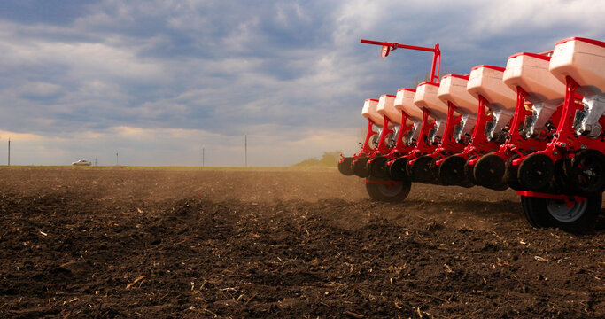 Agriculture Farm Tractor Seeding Machine Field Seeder Village Planter Rural Working Combine Tillage Plowing Agricultural Equipment Season Sowing Grain Spring time Process Planting Seeds 