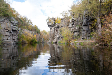 Beautiful granite rocks on the Girskyi Tikych River, Buky, Cherkasy region, Ukraine