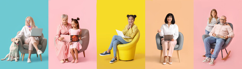 Collage of different people sitting in comfortable armchairs on color background