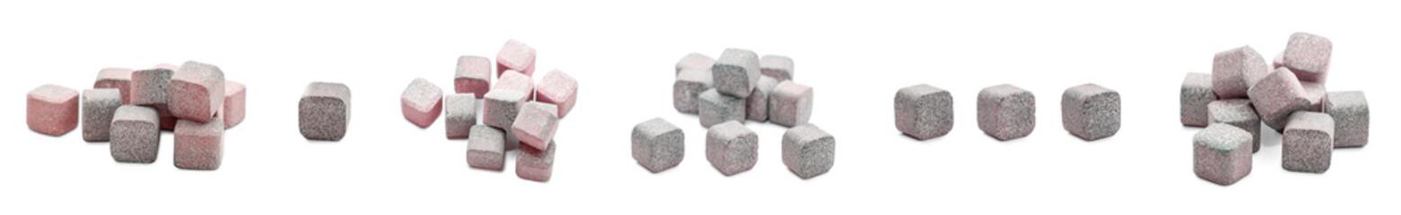 Collage of soluble tablets on white background