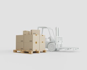 Convenient equipment for work in a warehouse. Loading and unloading goods with a forklift. 3d rendering.