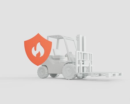 Fire safety during the work of a loader in a warehouse. Concern for the safety of workers. 3d rendering.