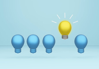 3D rendering Outstanding glowing yellow light bulb between blue light bulbs illustration isolated on cyan background. Idea for business, marketing, creative, invention, and project support.