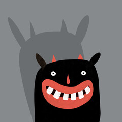 Cool Halloween Vector Illustration with Happy Devil and His Shadow on a Gray Background. Hand Drawn Halloween Card with Smiling Black Monster with Big Mouth. Crayon Drawing Style Spooky Print.
