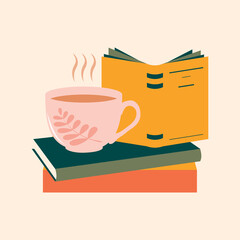 A cup of hot tea or coffee on a stack of paper books. Cozy useful reading at home or in the library. Self-education. 
