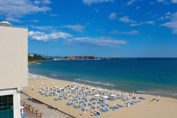 Obraz premium View on sand bay or beach resort at sunny day at Nesebar, Bulgaria