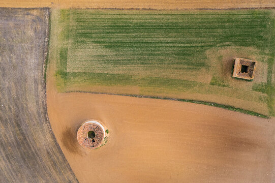 Aerial view of  round and  square dovecotes