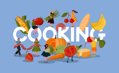 People cooking food, restaurant meal. Dinner cuisine, tiny characters and huge letters,men and women hold big fruit and vegetables. Tasty lunch. Vegan nutrition. Vector cartoon flat concept