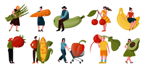 Vegetable food, diet fruit and berries icons. People health, vegan eco logo, vegetarian summer huge products, healthy tiny woman and man. Farm harvest. Vector current cartoon flat illustration