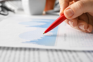 Woman working with business charts, closeup