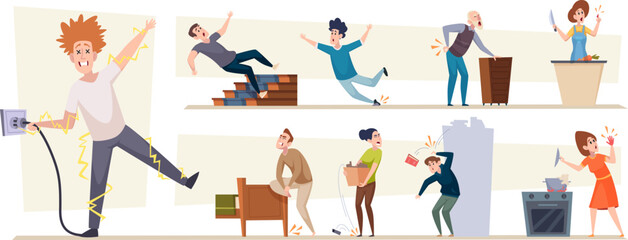 Household injuries. Home accidents problems with damaged house tools danger conceptual symbols exact vector cartoon illustration of people in action poses © ONYXprj
