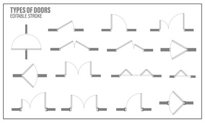 Set of doors for floor plan top view. Architectural kit of icons for interior project. Door for scheme of apartments. Construction symbol, graphic design element, blueprint, map. Vector illustration