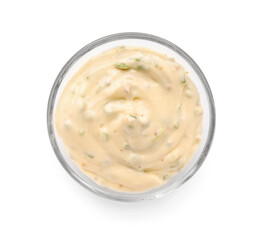 Delicious Caesar sauce in glass bowl on white background