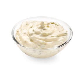 Delicious Caesar sauce in glass bowl on white background