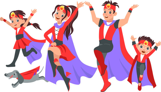 Super hero family. Happy parents with children and pets in colorful costumes. Strong mother and father. Brave kids. Superheroes in masks and capes. Comic characters. Vector illustration