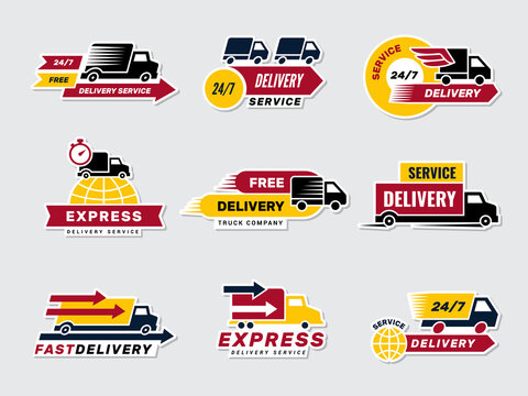 Delivery badges. Trucks cars different vehicles for delivery services recent vector emblem with place for text