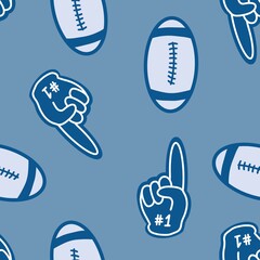 Hand drawn american football seamless pattern. Blue sports football helmet ball cup trophy hand fan number one , simple minimalist graphic art, game day mom fabric print, team equipment design.