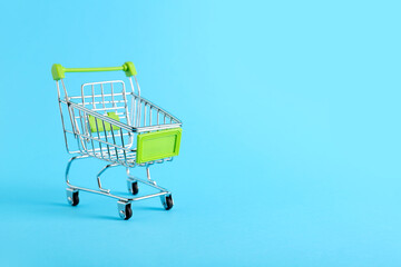 Green shopping cart on color background