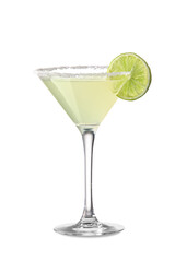 Glass of tasty margarita cocktail on white background