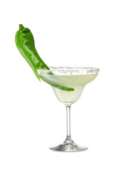 Glass of tasty margarita cocktail on white background