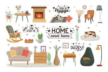 Hygge furniture. Cozy apartments. Sweet home elements set. Pets on carpet. Plants and flowers. Comfy couch. Bookshelf and fireplace. Armchair with pillows. Vector cartoon background